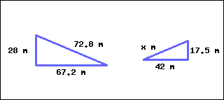 There are two triangles. The one on the right is smaller, and the one on the left is larger. Both triangles have unequal sides. For the smaller triangle, its shortest side is marked as 17.5 m, its second shortest side is marked as 42 m, and its longest side is marked as x m. For the bigger triangle, its shortest side is marked as 28 m, its second shortest side is marked as 67.2 m, and its longest side is marked as 72.8 m.